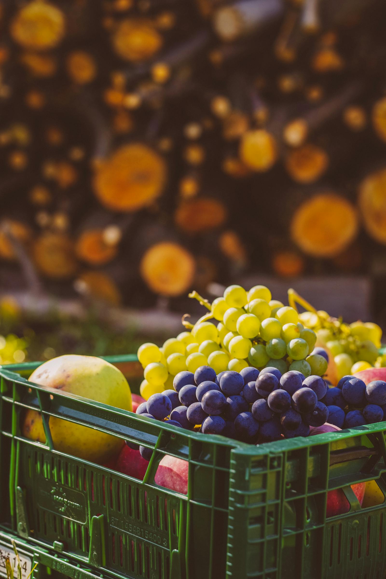 Fresh grapes packed in a produce crate